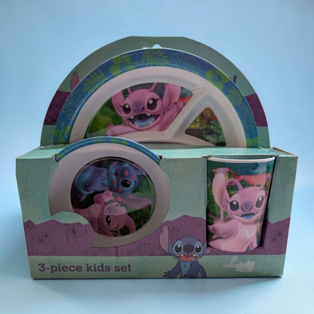 Disney Stitch 3 Piece Kids Dinner Set Plate Bowl Cup Pink Stitch Lilo And Stitch - Picture 2 of 3